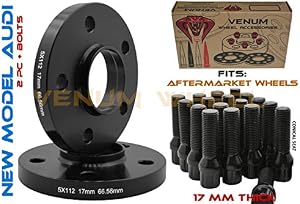2 Pc 5x112 MM Black Hub Centric 17 MM Wheel Spacers 66.6 Wheel Bore + Black Conical Spline Tuner Bolts Aftermarket Wheels Works with Audi 2009 + A4 A5 A6 A7 A8 S4 S5 S6 S7 + More