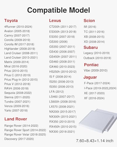 Puroma 2 Pack Cabin Air Filter with Multiple Fiber Layers Replacement for CP285, CF10285, Toyota Camry, RAV4, Highlander, Corolla, 4Runner, Tundra, Prius, Sienna, Lexus, Scion, Subaru, Jaguar