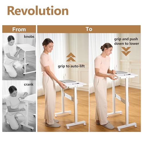 Non-Electric Auto-Lifting Standing Desk, No Knobs or Crank, Cordless, Rolling and Mobile, Great for Walking Pad, Adjustable Height 28.1'' to 43.3'', Desktop Size 31.5'' by 15.7'', Color White