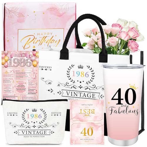 Sitsink 40th Birthday Gifts for Women, 1986 Vintage Limited Edition Gift Set for Women Turning 40, Includes Tote Bag, Makeup Bag, Tumbler & Card, Rose Gold Birthday Gift Box for Her