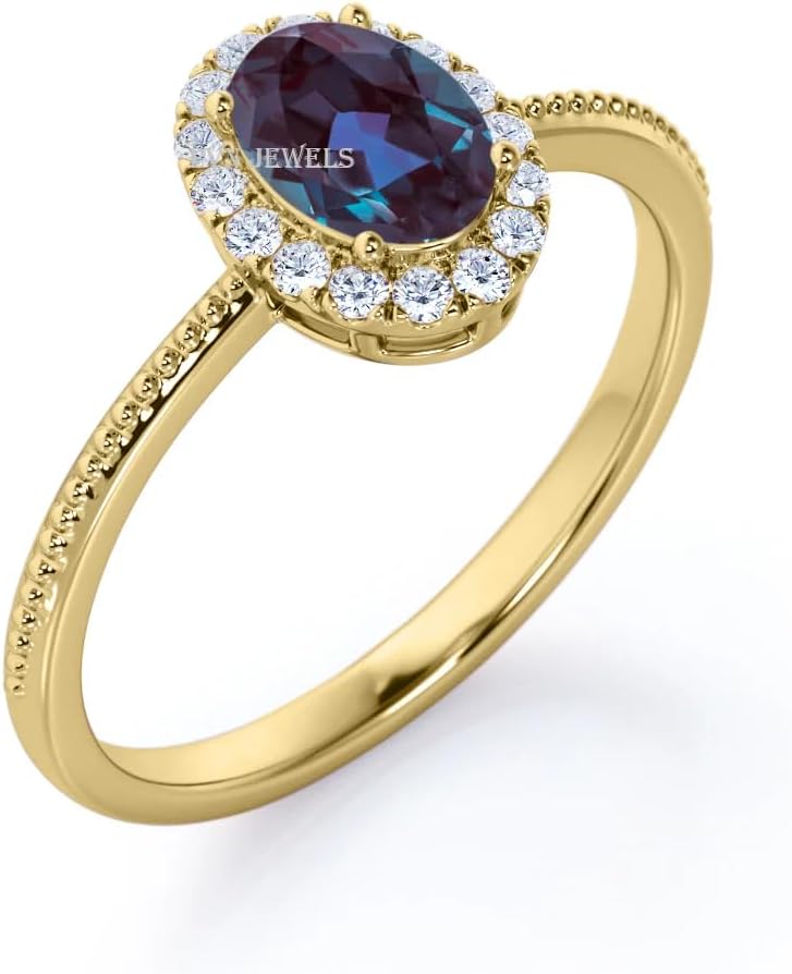 PVN JEWELS Vintage Inspired 1.15 Carat Oval Cut Lab Created Alexandrite And CZ Diamond Halo Engagement Ring In 925 Sterling Silver
