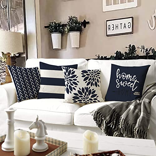 Rabuit Pillow Covers 22X22 Set Of 4, Modern Sofa Throw Pillow Cover, Decorative Outdoor Linen Fabric Pillow Case For Couch Bed Car (Dark Blue, 22"X22") #TOP5
