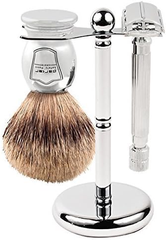 Parker 82R Safety Razor Shave Set - Includes Pure Badger Brush, Stand & Parker 82R Heavyweight Butterfly Open Safety Razor
