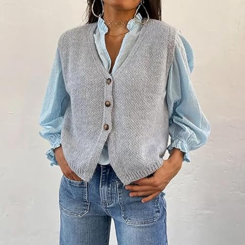 Image of Women's Y2K Button-up Knit Top Coquette Vintage Sweater Vest Fairy Grunge Solid Color Crew Neck Knit Waistcoat (D Gray, M)