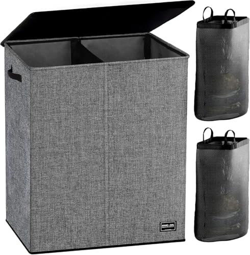 NUCAZA 145L Double Laundry Basket with Lid & Removable Laundry Bags, 2 Compartments Washing Basket for Light & Dark Clothes, Large Laundry Hamper, Collapsible Laundry Bin Storage Basket Grey