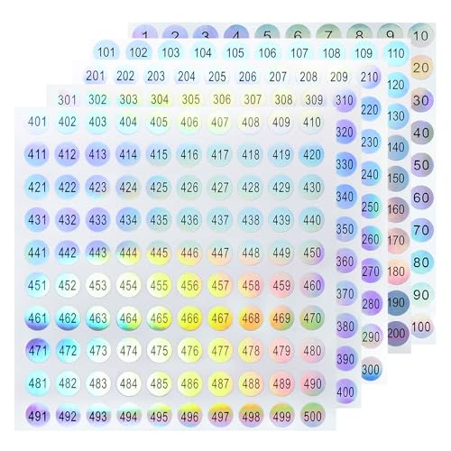 MOLILON 5 Sets Consecutive Number Stickers - 1 to 500, 0.39inch, Self Adhesive Label Stickers Round Laser Stickers Decals for Organizing Nail Polish Bottle, Nail Swatch Sticks, Lipstick