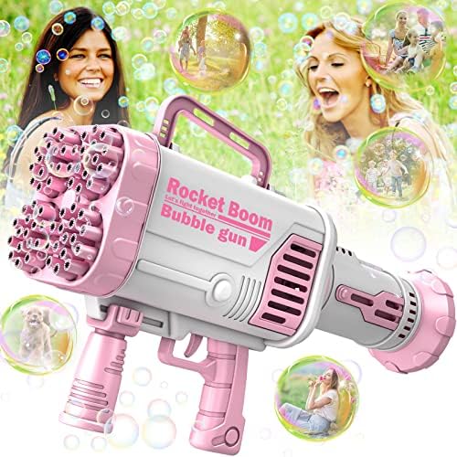 Bubble Machine Gun - Upgrade 64 Holes Bubble Gun with 2 Bottles Bubble Solution, Bubbles Machine with Batteries, Bubble Makers with Charger Bubble Blower Summer Toy for Kids/Adults - Pink