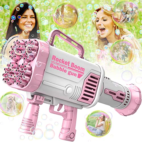 Bubble Machine Gun - Upgrade 64 Holes Bubble Gun With 2 Bottles Bubble Solution, Bubbles Machine With Batteries, Bubble Makers With Charger Bubble Blower Summer Toy For Kids/Adults - Pink #TOP2