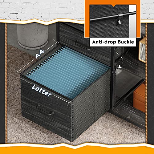 Devaise 3 Drawer Mobile File Cabinet, Rolling Printer Stand With Open Storage Shelf, Fabric Lateral Filing Cabinet Fits A4 Or Letter Size For Home Office, Charcoal Black Wood Grain Print #TOP4