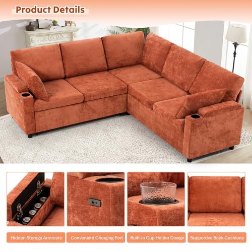 Image of 85 inch Chenille Sectional Sofa w /Pull Out Bed & Storage Space, Orange | Upholstery L Shaped Couch w /Cup Holders, Modern Corner Sofa w /USB Charging Port & Throw Pillow for Living Room