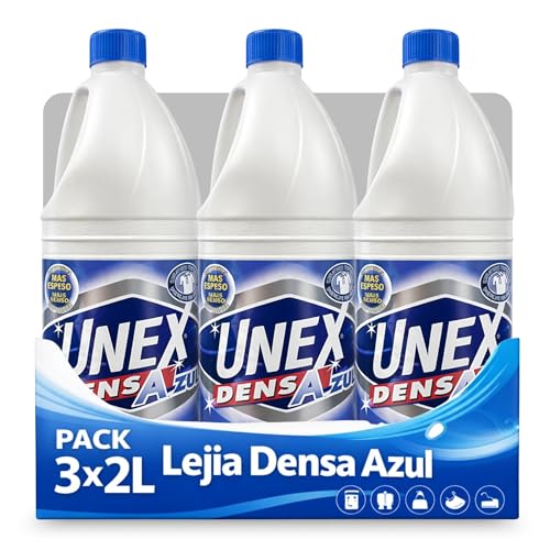 Lejía Densa Azul, ideal para blanquear y desodorizar ropa y superficies del hogar como suelos, azulejos, baños y cocinas, evitando salpicaduras y desinfectando a fondo, Contiene 3 Botellas de 2 Litros