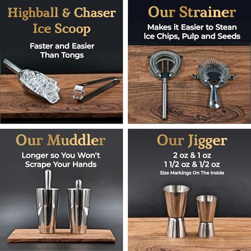 Image of Highball & Chaser 13-Piece Cobbler Cocktail Shaker Set: Black Polished Stainless Steel Bartender Kit for Home Bar Set | Laser Engraved Tools Plus E-Book with 30 Recipes (Silver)
