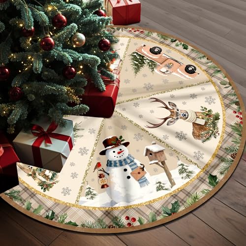 HEIFAM Christmas Tree Skirt 48 Inch, Christmas Skirt Tree Decoration with Snowman Reindeer,