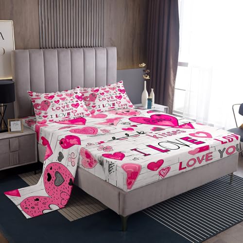 Manfei Graffiti Sheet Set King Size, Flower Hearts Print Bedding Set for Lovers Couples Room Decor, Romantic Love Theme Bed Sheet Set 4pcs with Deep Pocket Fitted Sheet + Flat Sheet + 2 Pillowcases