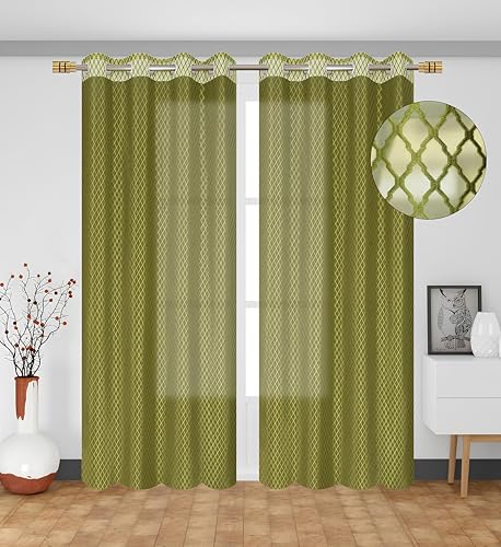 Image of Sheer Net Semi Transparent Home Decor Curtains for Living Room, Balcony Doors and Windows Panel, Parda, Eyelets Hanging, Green, 4 x 9 Feet, Pack of 2