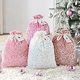 Christmas Gift Bags: 4pcs Big Pink Luxury Glitter Sequin Velvet Plush Presents Drawstring Pouches, Stretch Reusable Party Favor Wrapping Sacks for Xmas Candy Festive Wedding Supplies(15.7'' x 11.8'')
