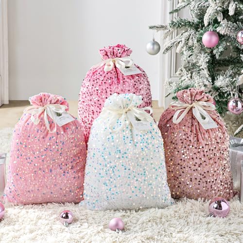 Christmas Gift Bags: 4pcs Big Pink Luxury Glitter Sequin Velvet Plush Presents Drawstring Pouches, Stretch Reusable Party Favor Wrapping Sacks for Xmas Candy Festive Wedding Supplies(15.7'' x 11.8'')