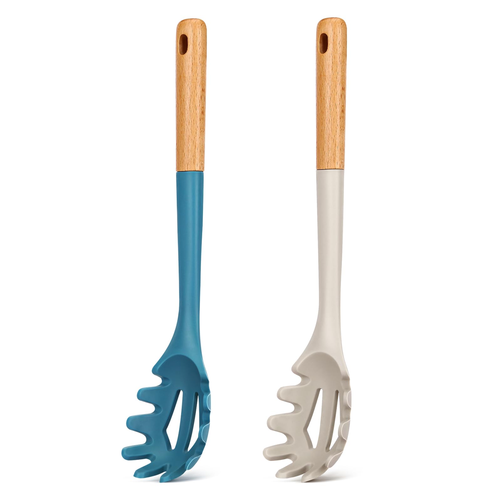 Silicone Pasta Fork, Kitchen Heat Resistant Noodle Spoon Server, BPA Free Spaghetti Strainer,12.8 inch (Khaki & Blue)