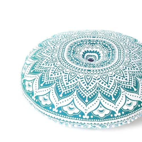 Eyes of India - 32 Zoll Bodenkissen, Meditation, Sitzkissen, Mandala, Tagesdecke, rund, voller Farben, dekorativ, Boho, Boho, Hund, indisch, Bezug – Grün #1, 80 cm, Durchmesser