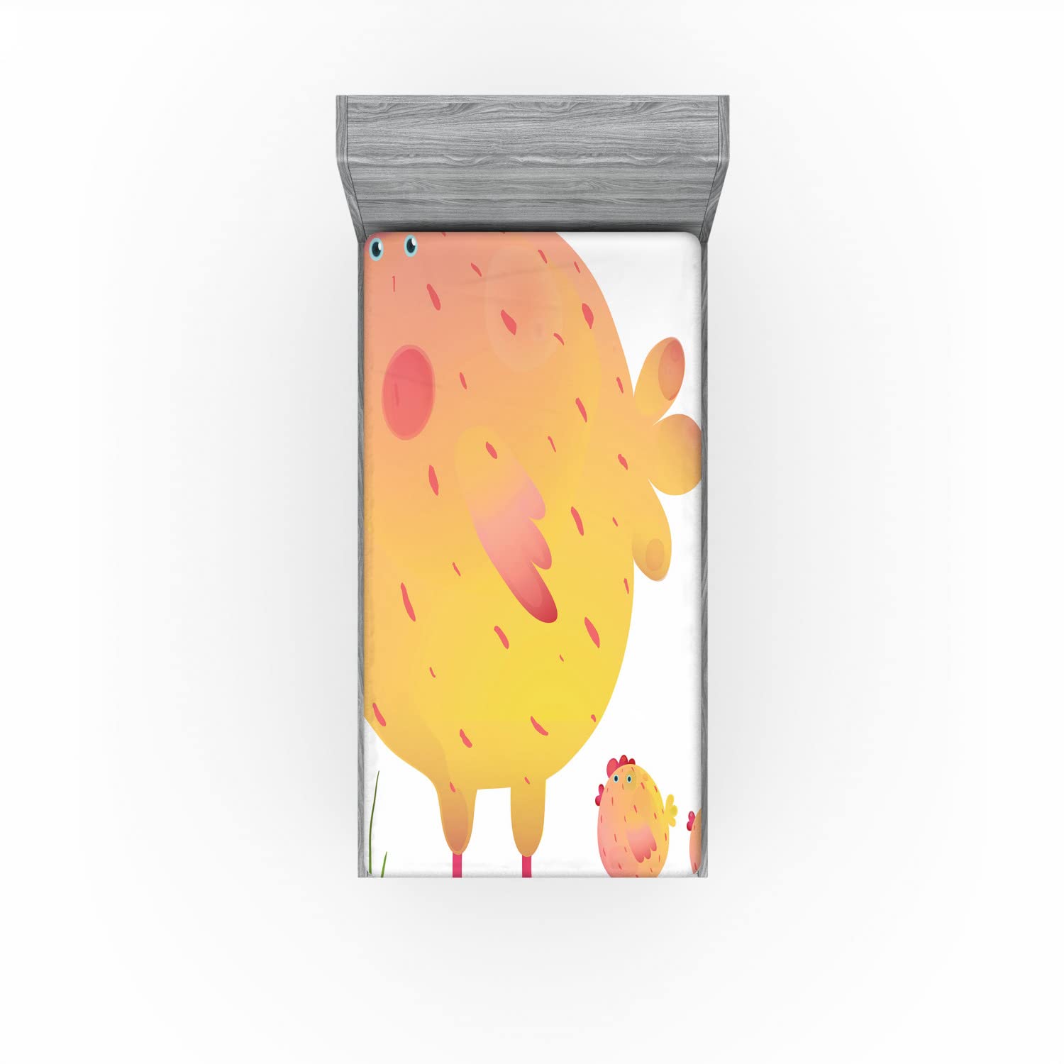 Ambesonne Chicken 2 Pack Fitted Sheet, Mother Hen and Chicks, Bed Cover All-Round Elastic Deep Pockets 2 Pieces, Package Contains 2 Twin Size Fitted Sheets, Coral Orange