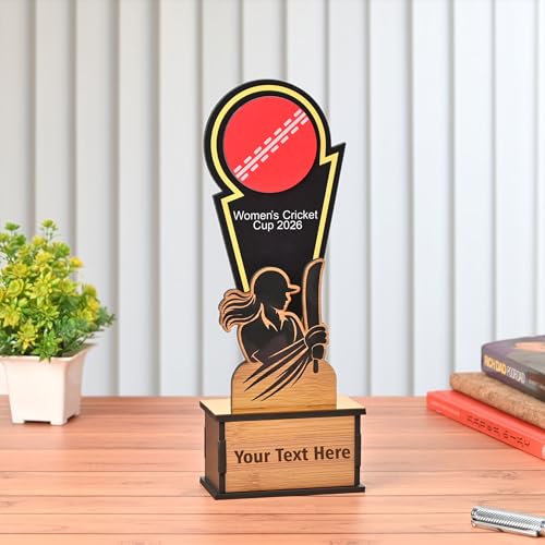 Image of GKD Wooden Cricket Trophy for Winners - Women's Cricket Cup Memento for Tournaments, Corporate Events & School Competitions | Self-Customizable with Stickers (Women 8.5 Inch)