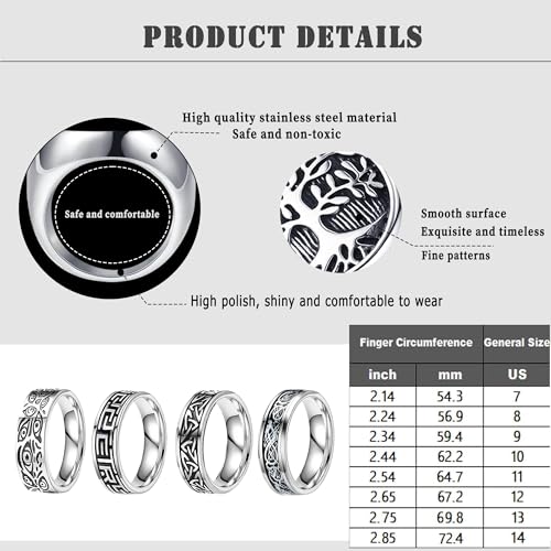 EIELO 8Pcs Stainless Steel Vintage Rings for Men Greek Signet Thumb Silver Retro Carving Celtic Band Rings Vintage Biker Band Rings Set Edge Mens Rings Jewelry4