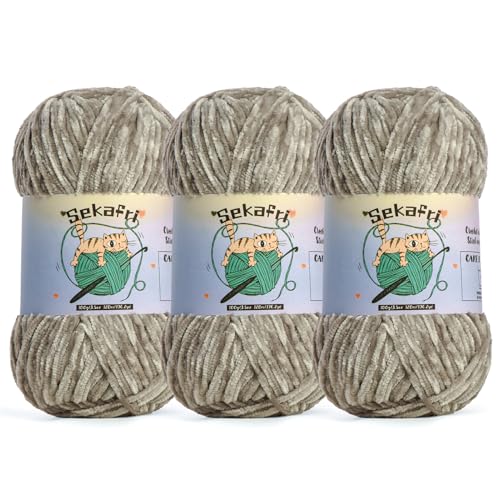 Image of 3 Pack of 300g (590yds) Fuzzy Chenille Yarn for Crocheting,Fluffy Amigurumi Crochet Yarn for DIY Craft /Hat /Clothes, Soft Velvet Baby Blanket Yarns(3 Silver Gray)
