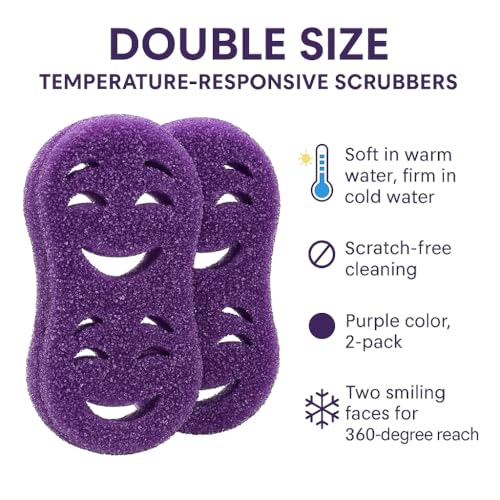 Image of Smilyeez Double-Size Scrub Moji Sponge 2-Pack - Dual Smiling Faces, Temperature-Responsive Scrubber - Scratch-Free, Odor & Stain Resistant - Yellow
