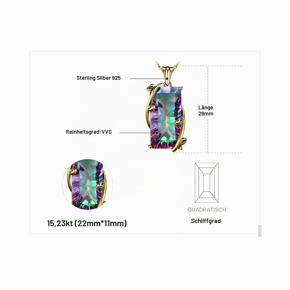JewelryPalace Rechteckschliff 15ct Echt Regenbogen Quarz Kette Anhänger 45CM, Halskette Damen Silber 925, Collier Damen Vergoldet Bunte Edelstein Mädchen,Halsketten mit Groß Stein Frauen Rosegold Gold