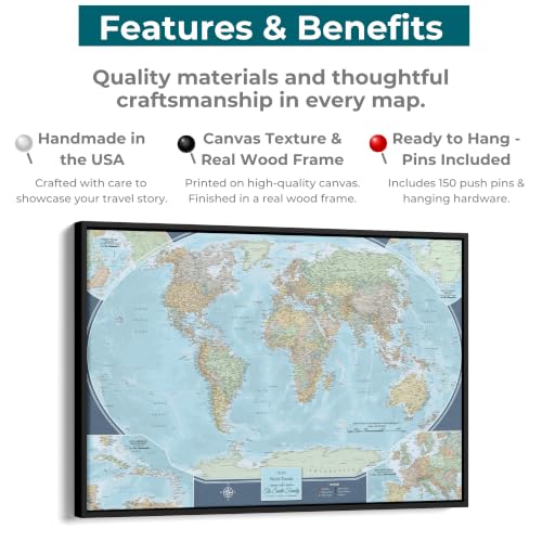 Image of Push Pin Travel Maps Signature World Personalized Canvas Wall Art - Large Travel Tracker - Natural Float Frame - 24 inch x 36 inch