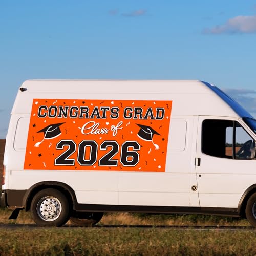 Image of 2026 Graduation Party Plastic Backdrop - 65 inch x 32.7 inch Congrats Grad Banner in Orange, Large Class of 2026 Decorations, Photography & Grad Party Supplies