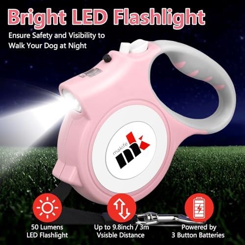 Makife Retractable Dog Lead with LED Light 5m Extendable Dog Leash with Dog Waste Bags for Small Medium Dogs up to 25kg Brake & Lock System Ergonomic Handle - Image 4