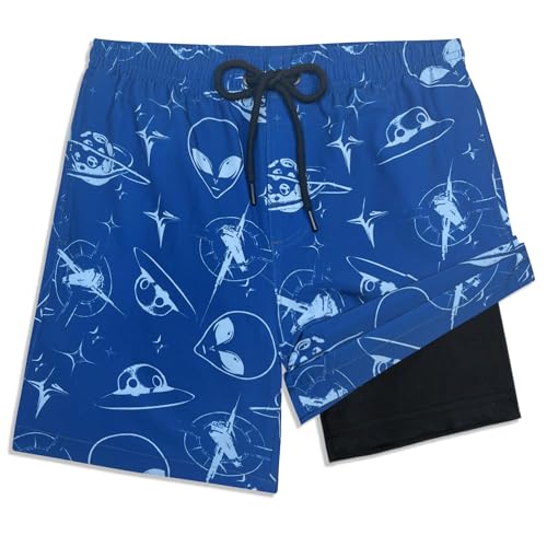 LUCOWEE Boys Swiming Trunks Compression Boxer Brief Liner Anti Chafe Swim Shorts Swimsuits Sandless Stretchy Real Drawstring Light Weight Quick Dry UPF 50+ ET UFO Space Size X-Large, 18-20