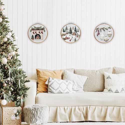 Image of LB Christmas Embroidery Kit for Beginners Adults, 3 Sets Hand Embroidery Starter Kit with Christmas Village and Instructions Stamped Cross Stitch Kits Include Embroidery Hoop Needles Threads Scissors