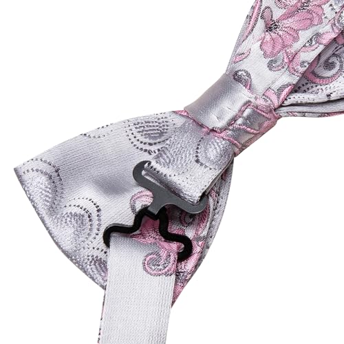 Image of Hi-Tie Bow Ties for Men Silver Pink Floral Pre-Tied Pocket Square Cufflinks Mens Bowtie Sets for Wedding Formal Party