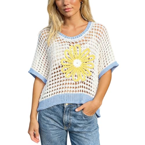 Image of Women Floral Crochet Sweater Short Sleeve Crewneck Hollow Out Lightweight Knit Pullover Tops 2025 Summer Beach Cover Ups