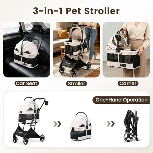 Image of T3 Small Dog Stroller (Beige) | Detachable Carrier, Easy Assembly, Aluminum Alloy Frame, Larger Rear Wheels, Breathable Fabric, One-Touch Braking