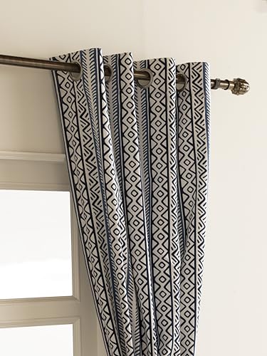 Image of THE LINEN COMPANY Cotton Room Darkening, Light Blocking Curtain 7.5 feet with Eyelet Rings 2 Pcs Set for Living Room, Dining Hall, Hotel, Farm House (4.5 ft x 7.5 ft, Bohemia Blue)