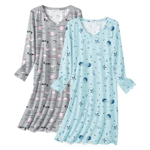 Ekouaer Cotton Nightgowns for Women 2 Pack Night Gown Long Sleeve Sleepshirts V Neck Night Shirt Soft Sleepwear