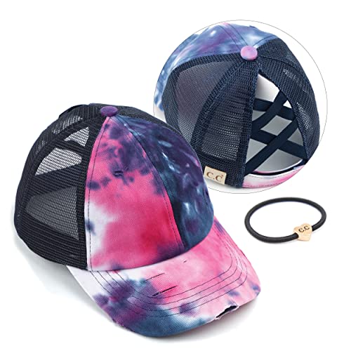 C.C Kids Criss-Cross Elastic Band Ponytail Caps Messy Buns Trucker Plain Baseball Cap (KIDS-BT-791)