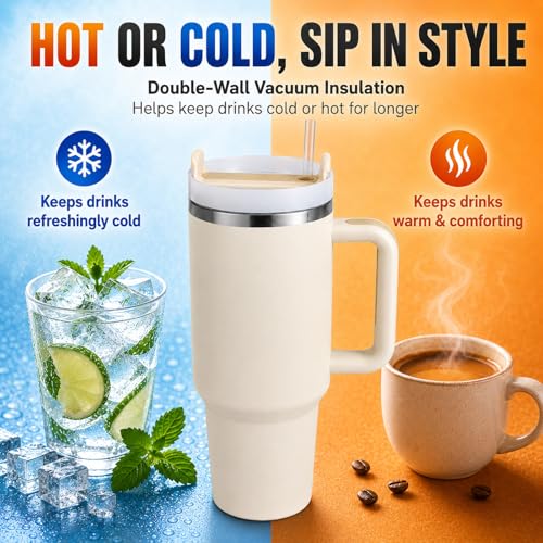 Image of Pandance 4 Pack 40 oz Tumbler with Handle and Straw Bulk, Black & Cream