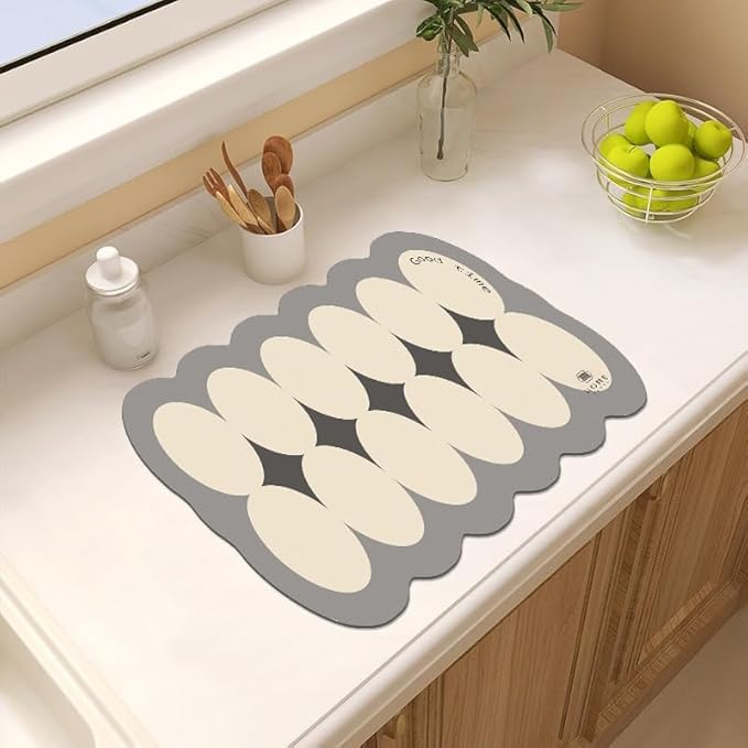 Image of HomeCloud Dish Drying Mat for Kitchen Counter - Super Absorbent, Non-Slip & Heat-Resistant - Quick Dry Rack Pad for Dishes, Utensils, Coffee Maker - Stain-Hiding Design (Cream Grey)