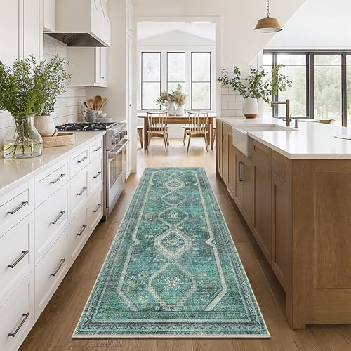 GENIMO 2x7 Non Slip Hallway Runner Rug, Machine Washable, Thin & Low Pile Lightweight for Kitchen, Laundry, Entryway, Bedroom & Living Room, Teal
