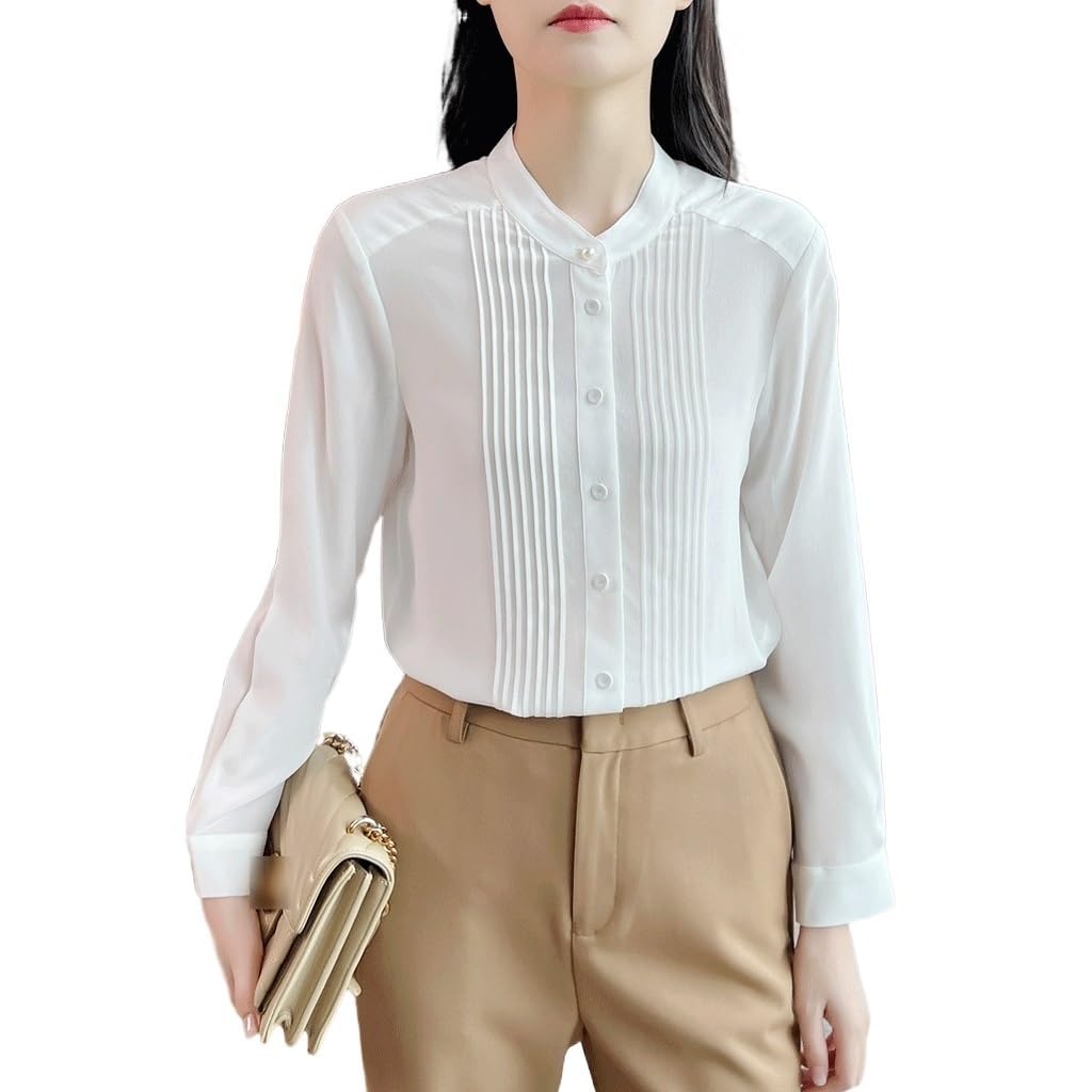 Chemise en soie véritable col plissé orgue haut de gamme blanc pur L