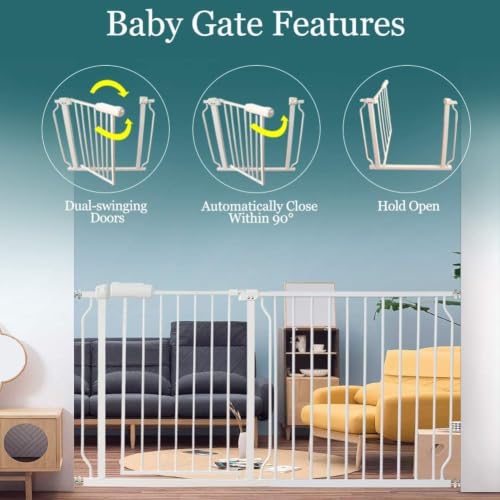 Image of ALLAIBB Extra Wide Pressure Mounted Baby Gate Walk Through Child Kids Safety Toddler Tension White Long Large Pet Dog Gates with Extension for doorways Kitchen (52.76-57.48 inch /134-146cm)