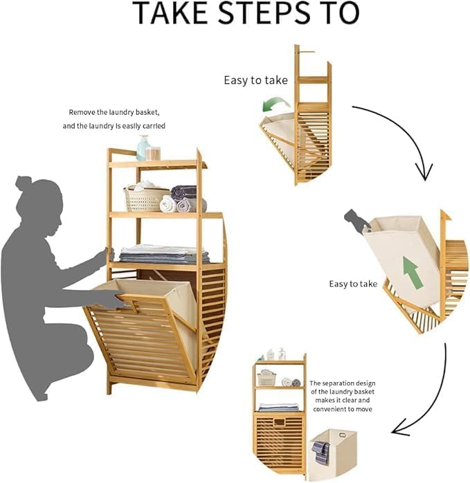 Miniatura 8 de Cesta de lavandería con estantes de 2 niveles y cesta inclinable, cestas organizadoras de ropa sucia, estante de almacenamiento de baño para