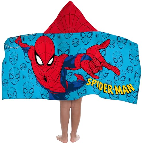 Jay Franco Kids Hooded Towel 22 x 51 Super Soft Bath Wrap with 3D Hood Fan Favorite Characters Beach Pool & Travel Official Licensed Blue - Spiderman