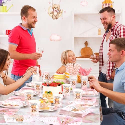 Image of Funnymoom 452 Pcs 50 Guests We Can Bearly Wait Baby Shower Decorations Girl, Blue Baby Girl Shower Paper Plates Napkins Cups Tablecloth Cutlery Straws Tableware Set for Gender Reveal Party Supplies