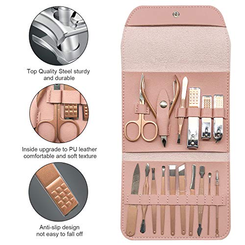 CACASO Manicure Set 16 PCS Professional Pedicure Care Tools,Stainless Steel Grooming Set,Ideal Travel Nail Clipper Kit With Genuine Leather Case, brown - Thumbnail 5