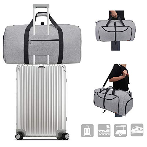 Vogshow Travel Duffel Bag, 75L Foldable Overnight Weekender Bag With Shoes Compartment for Men Women Convertible Luggage Bag Water-Resistant Large Gray